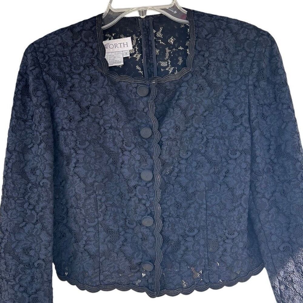Vintage WORTH Evening Lace Jacket Women's Size 8 Black Scalloped Trim Cropped